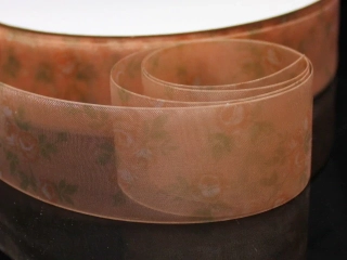 Organzová stuha s růžemi LOSOSOVÁ 38mm