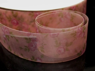 Organzová stuha s růžemi SVĚTLE RŮŽOVÁ 38mm
