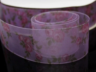 Organzová stuha s růžemi SVĚTLE FIALOVÁ 38mm