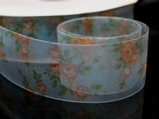 Organzová stuha s růžemi TYRKYSOVÁ 38mm