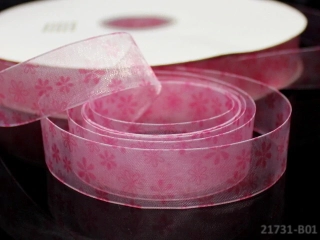 Organzová stuha kytičkovaná SVĚTLE RŮŽOVÁ 20mm