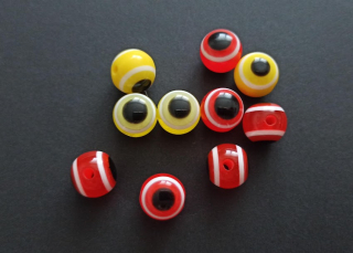 Pryskyřicové korálky oči 12mm MIX ČERVENOŽLUTÝ