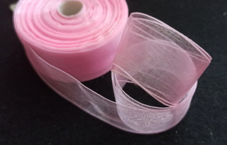 Organzová stuha s lesklým proužkem SVĚTLE RŮŽOVÁ 25mm
